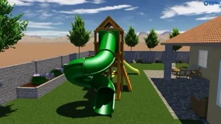 3D landscape design preview showing a family yard with a play area and planting zones