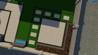 3D landscape design preview showing an overhead layout of lawn, walkways, and outdoor zones