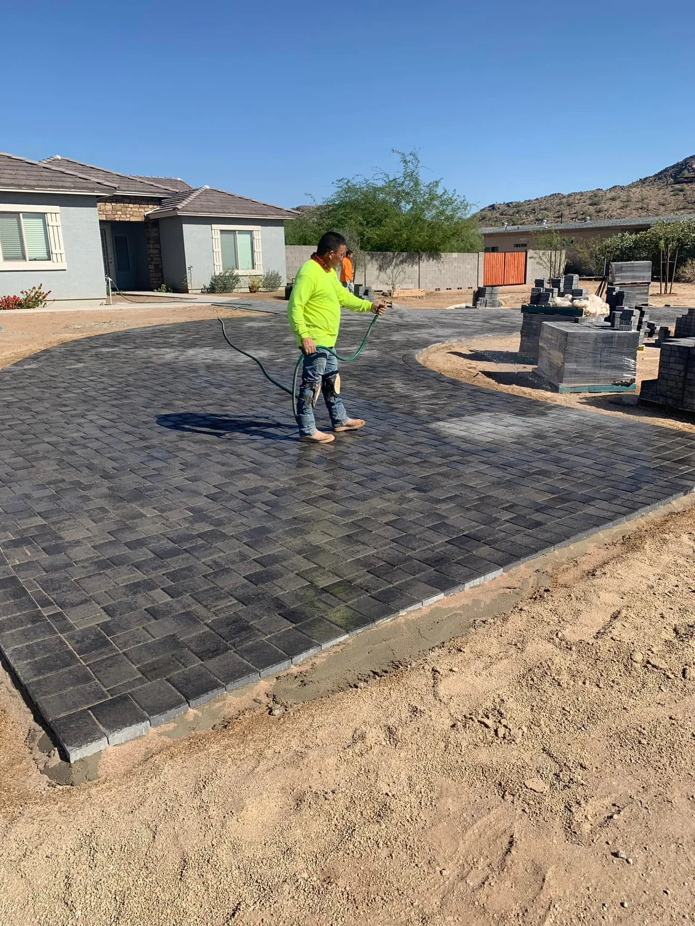 Paver driveway installation in progress